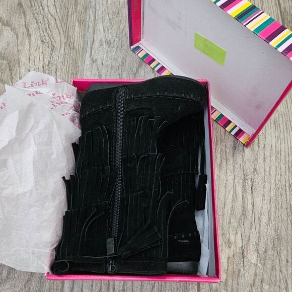 Link Candice 16KA Black Faux Suede Fringe Mid Calf Boots Size 5T - Picture 12 of 14